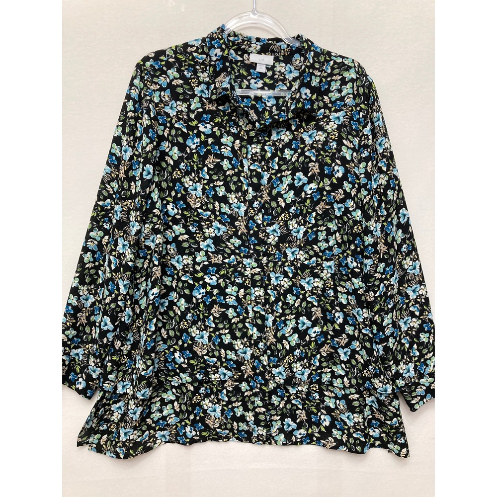 J. Jill Button Front Blouse XL Petite Black Floral Long Sleeve Tiered Hem